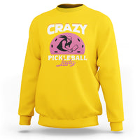 Women’s pickleball sweatshirt in daisy yellow, with “CRAZY PICKLEBALL Lady” front graphic.