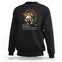 Black women’s crewneck sweatshirt with long sleeves and front graphic print.