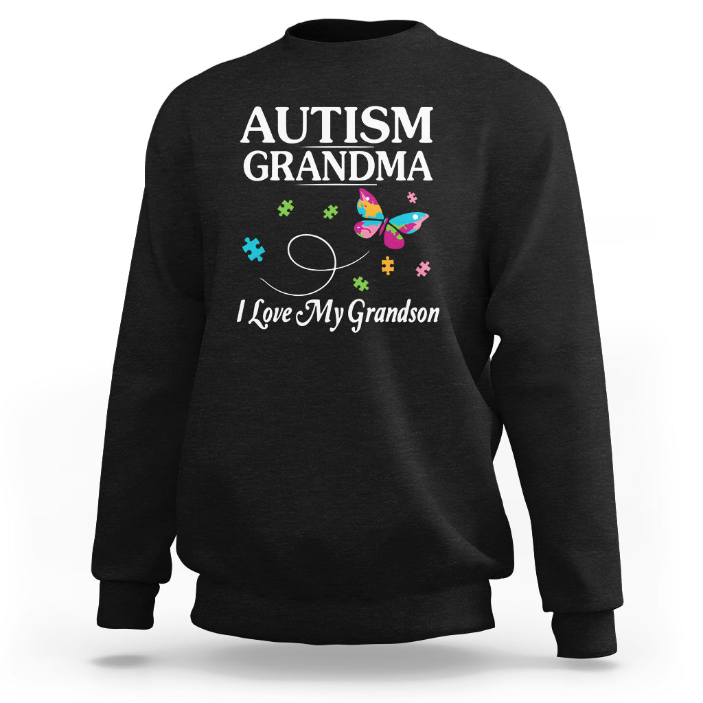 Black autism grandma sweatshirt with butterfly and puzzle graphic, "I Love My Grandson"