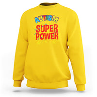 Yellow autism sweatshirt with 'Autism is my Super Power' graphic on chest