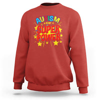 Red autism sweatshirt with 'Autism is my Super Power' graphic on chest