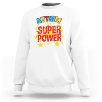 White autism sweatshirt with 'Autism is my Super Power' graphic on chest