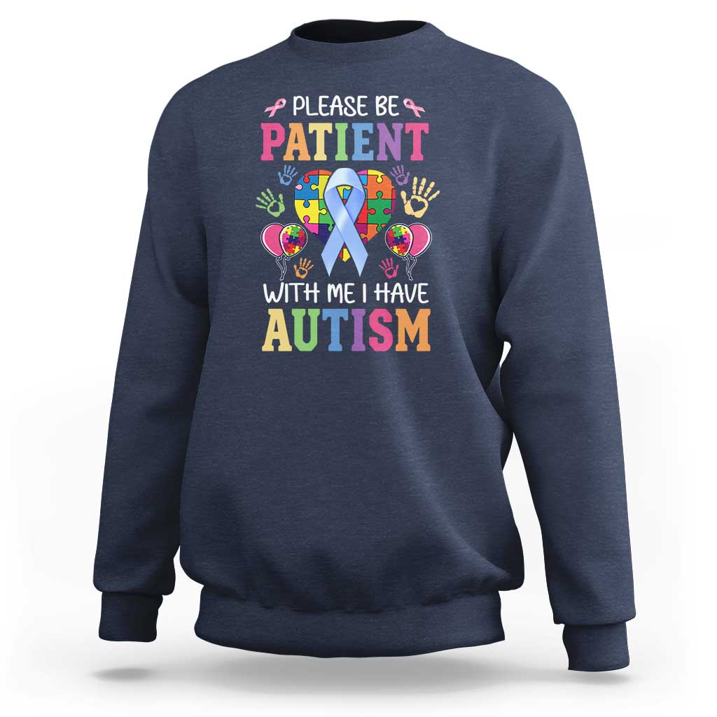 Navy autism awareness sweatshirt with colorful front graphic and slogan