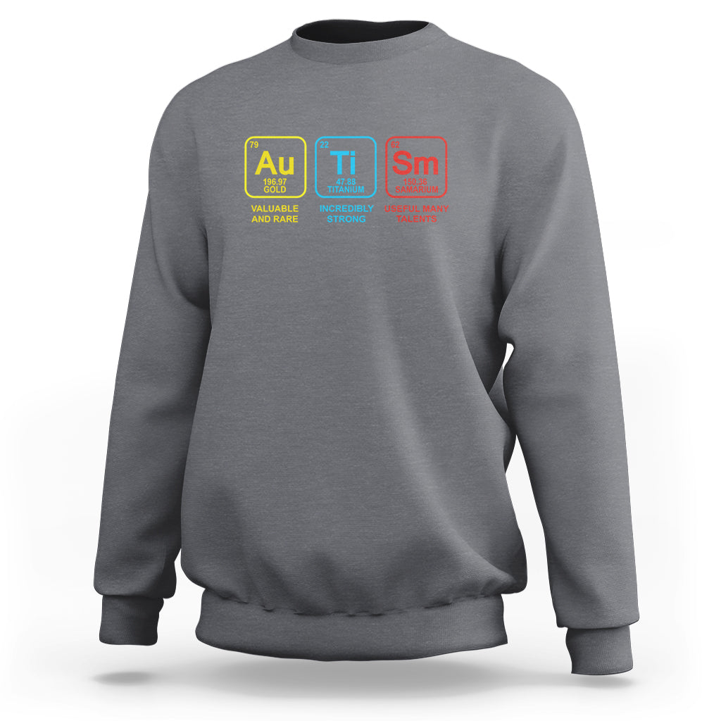 Dark heather gray crewneck sweatshirt with colorful periodic table element tiles on chest