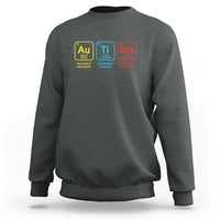 Charcoal crewneck sweatshirt with colorful periodic table element tiles on chest