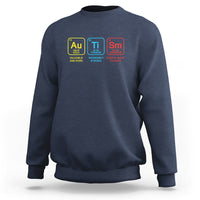 Navy crewneck sweatshirt with colorful periodic table element tiles on chest