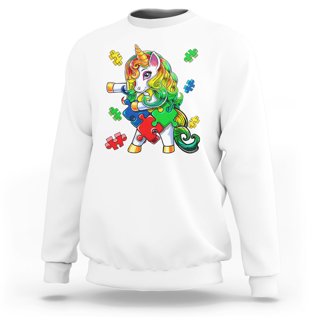 White unicorn autism sweatshirt with colorful flossing unicorn and puzzle graphic