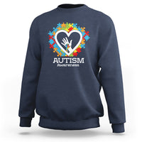 Navy autism awareness sweatshirt with heart puzzle graphic and 'Autism Awareness' text