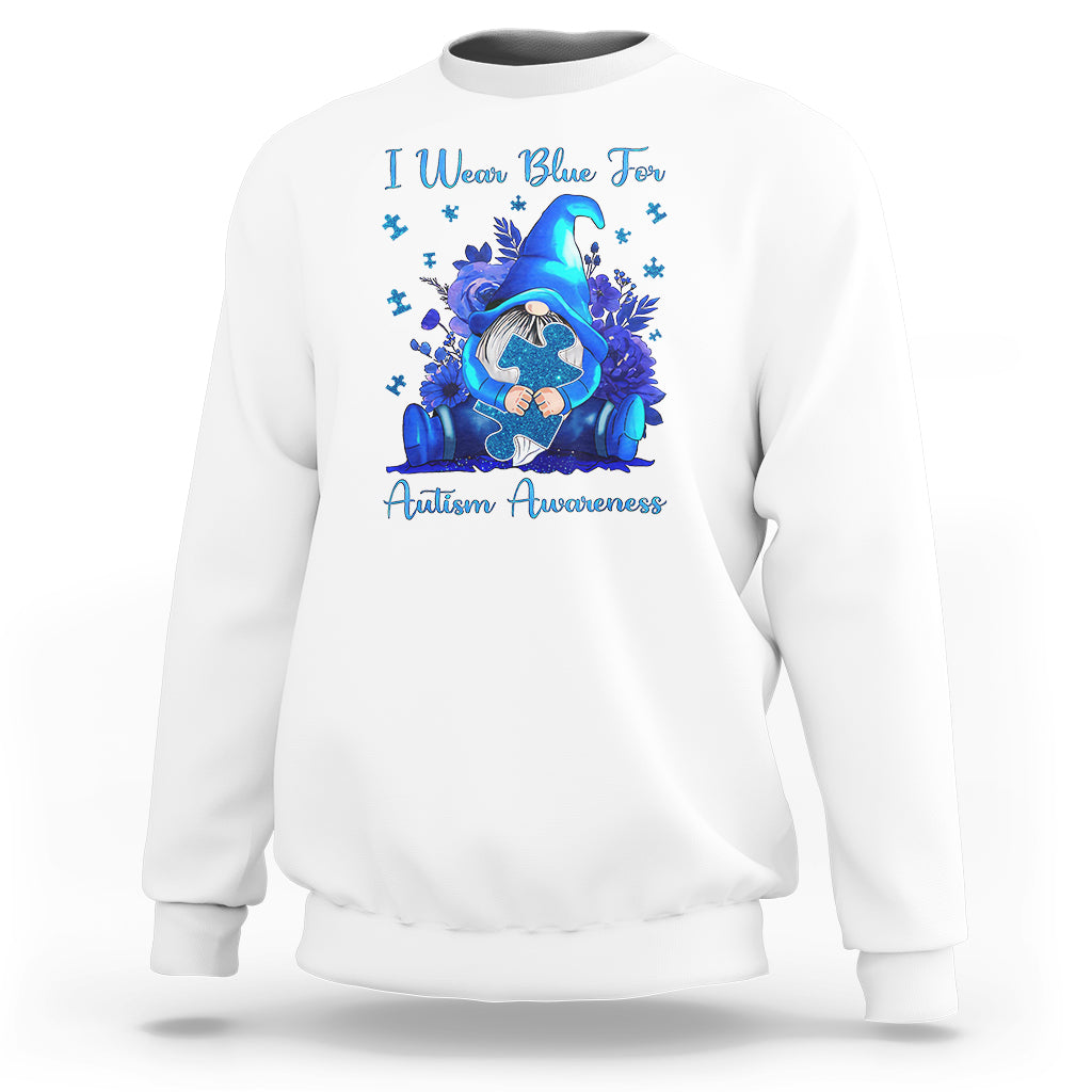 Autism awareness sweatshirt in white with blue gnome and puzzle graphic on front
