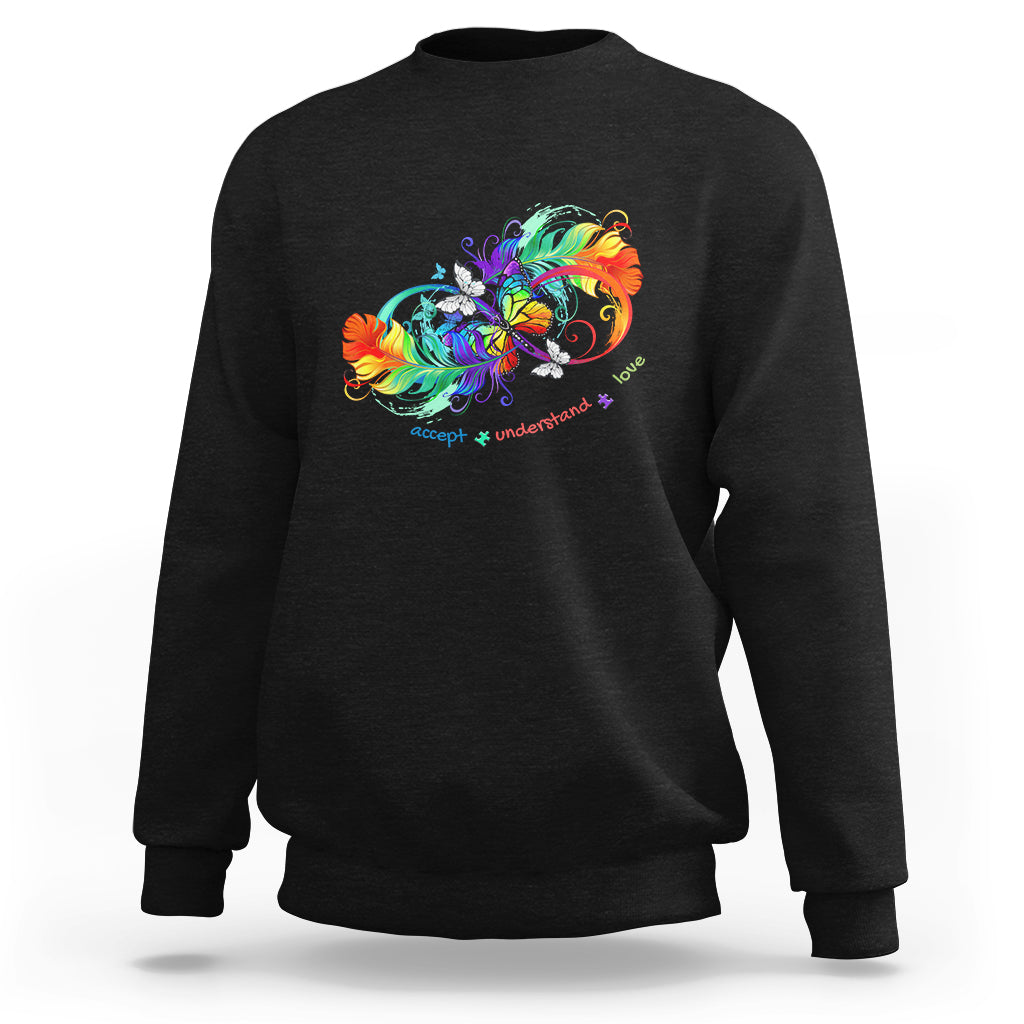 Black autism acceptance sweatshirt with rainbow butterfly feather graphic, crew neck.
