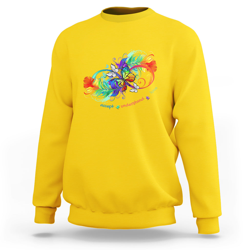Yellow autism acceptance sweatshirt with rainbow butterfly feather graphic, crew neck.