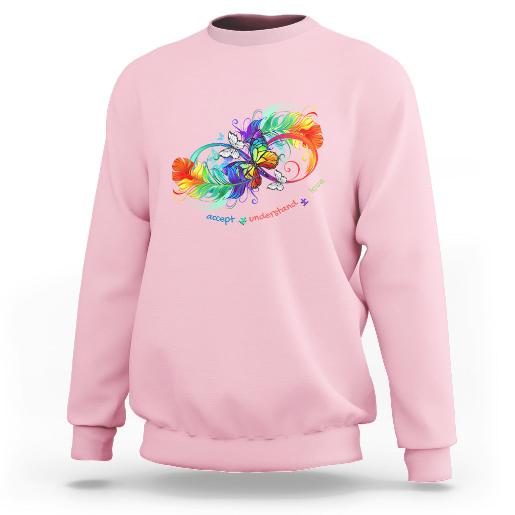 Light pink autism acceptance sweatshirt with rainbow butterfly feather graphic, crew neck.