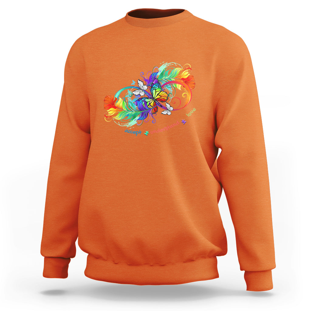 Orange autism acceptance sweatshirt with rainbow butterfly feather graphic, crew neck.