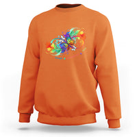 Orange autism acceptance sweatshirt with rainbow butterfly feather graphic, crew neck.