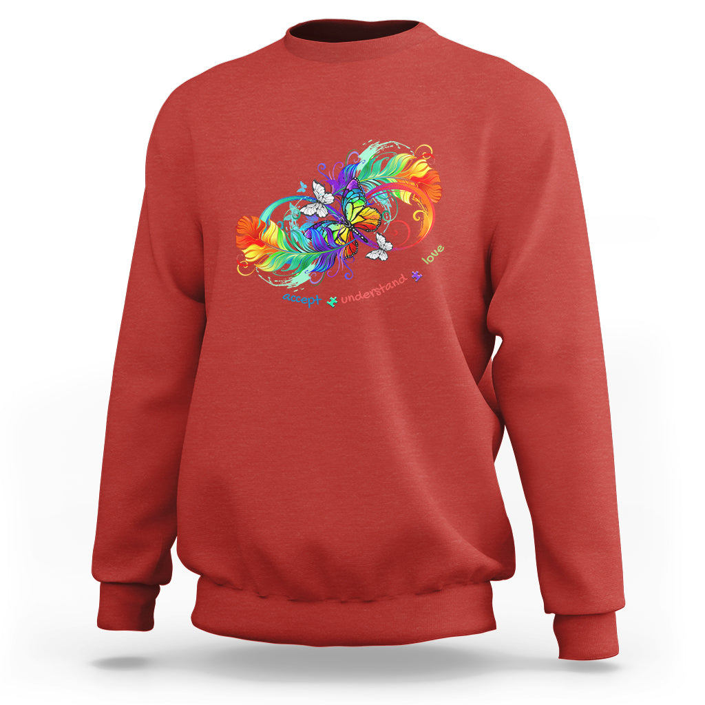 Red autism acceptance sweatshirt with rainbow butterfly feather graphic, crew neck.
