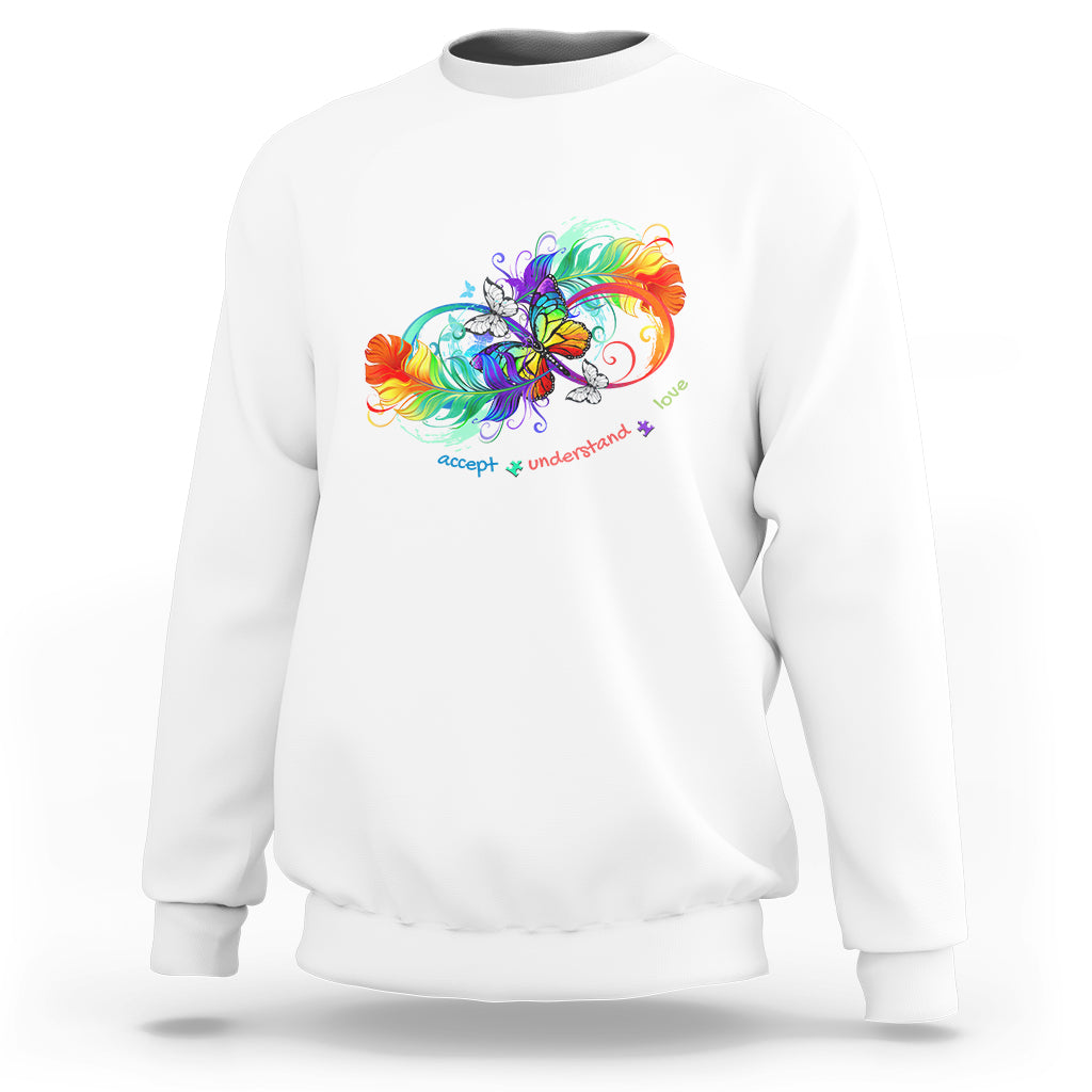 White autism acceptance sweatshirt with rainbow butterfly and feather graphic, crew neck.