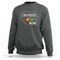 Dark heather gray sweatshirt with "I'm a proud Autism Mom" rainbow heart graphic