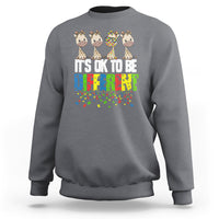 Gray sweatshirt with giraffe graphic and colorful “It’s ok to be different” text