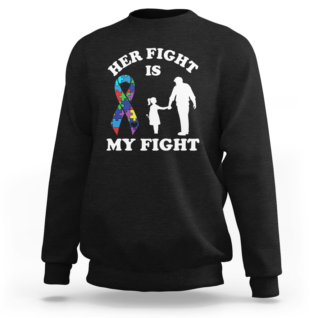 Black crewneck sweatshirt with 'HER FIGHT IS MY FIGHT' graphic of figures and ribbon.