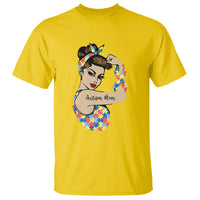 Yellow women's graphic T-shirt with colorful lady face autism-themed design