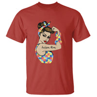 Red women's graphic T-shirt with colorful lady face autism-themed design