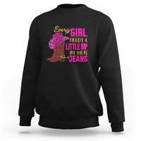 Black crewneck sweatshirt with colorful “Every GIRL needs a little rip in her jeans” graphic