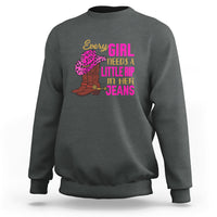 Dark heather gray crewneck sweatshirt with colorful “Every GIRL needs a little rip in her jeans” graphic