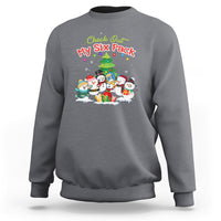Charcoal snowman sweatshirt with “Check Out My Six Pack” graphic and six snowmen scene.