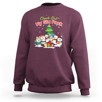 Maroon snowman sweatshirt with “Check Out My Six Pack” graphic and six snowmen scene.