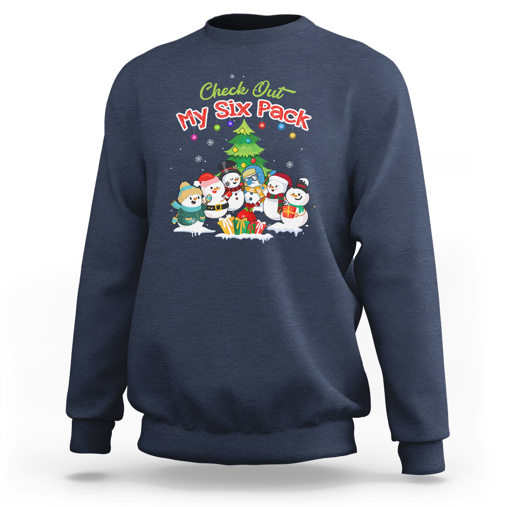 Navy snowman sweatshirt with “Check Out My Six Pack” graphic and six snowmen scene.