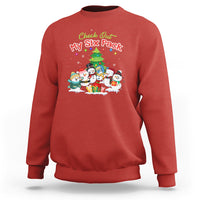 Red snowman sweatshirt with “Check Out My Six Pack” graphic and six snowmen scene.
