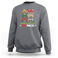 Charcoal crewneck sweatshirt with festive gaming graphic and CHECK OUT MY SIX PACK text