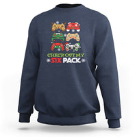 Navy crewneck sweatshirt with festive gaming graphic and CHECK OUT MY SIX PACK text