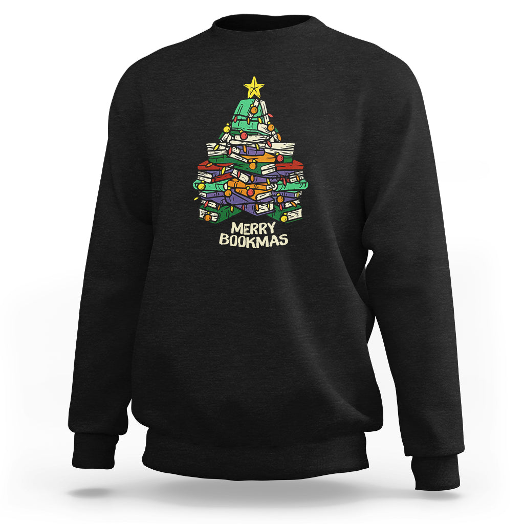 Black reading sweatshirt with Merry Bookmas book tree graphic on chest