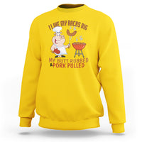 Daisy yellow BBQ sweatshirt with cartoon chef grilling graphic and rib/pork text