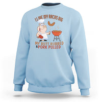 Light blue BBQ sweatshirt with cartoon chef grilling graphic and rib/pork text