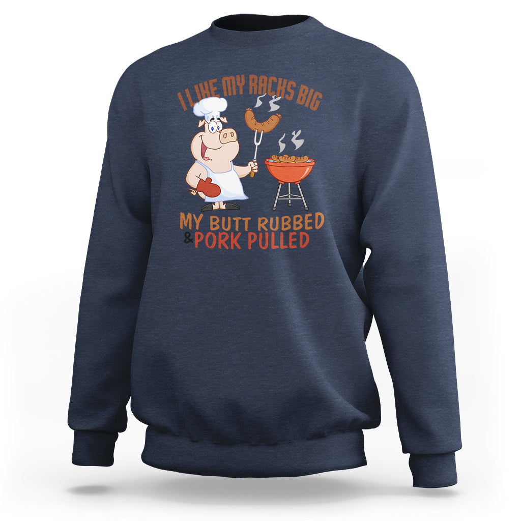 Navy BBQ sweatshirt with cartoon chef graphic, grill, and rib/pork text on chest