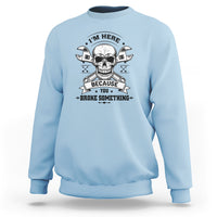 Light blue crewneck sweatshirt with skull mechanic graphic, banner text, and crossed tools