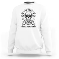 White crewneck sweatshirt with skull mechanic graphic, banner text, and crossed tools