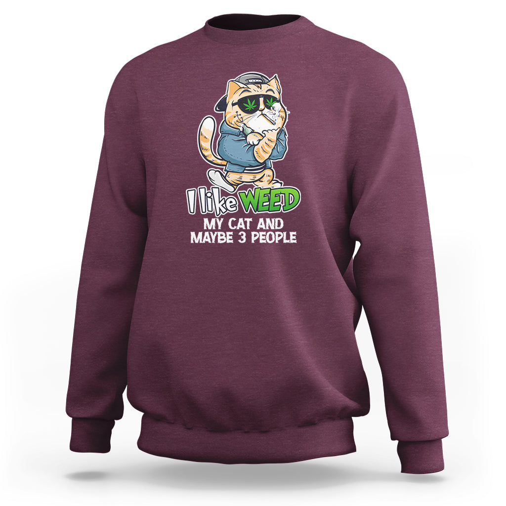 Maroon sweatshirt with cat holding a green leaf and “I Like Weed” front print