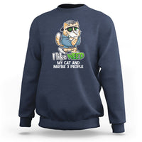 Navy sweatshirt with cat holding a green leaf and “I Like Weed” front print