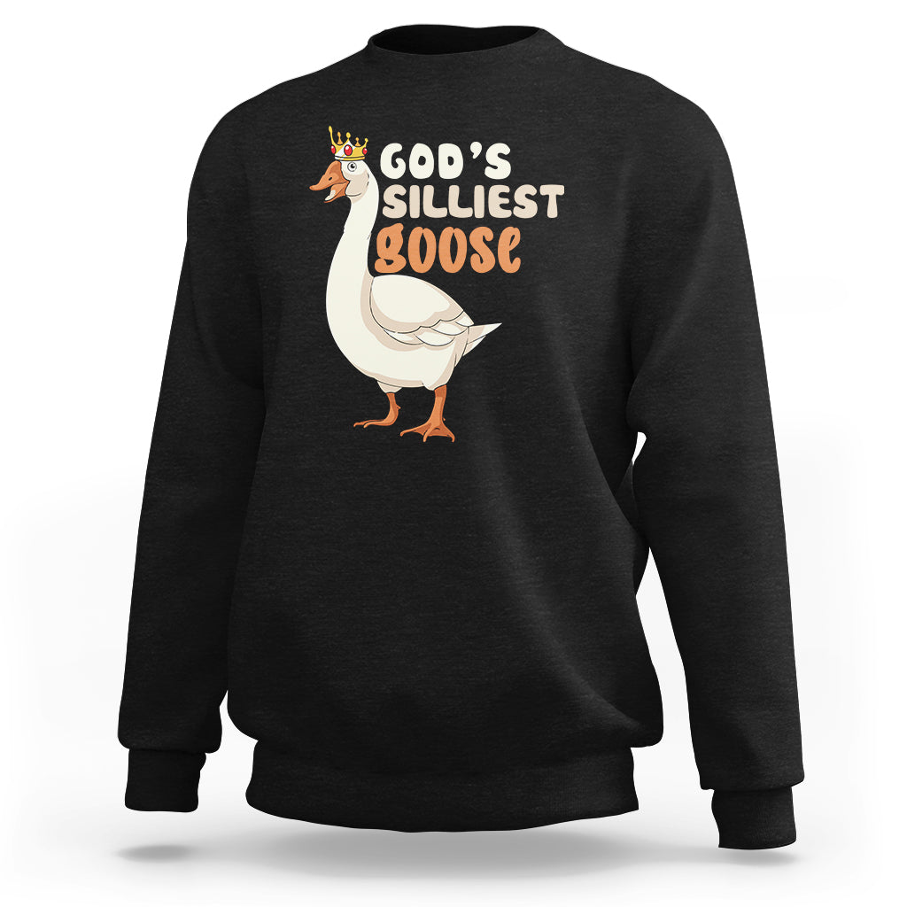 Black crewneck sweatshirt with 'God's Silliest Goose' goose graphic on the front