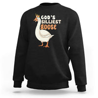 Black crewneck sweatshirt with 'God's Silliest Goose' goose graphic on the front