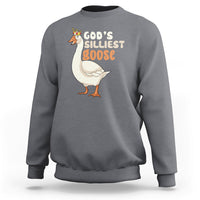 Charcoal crewneck sweatshirt with 'God's Silliest Goose' goose graphic on the front