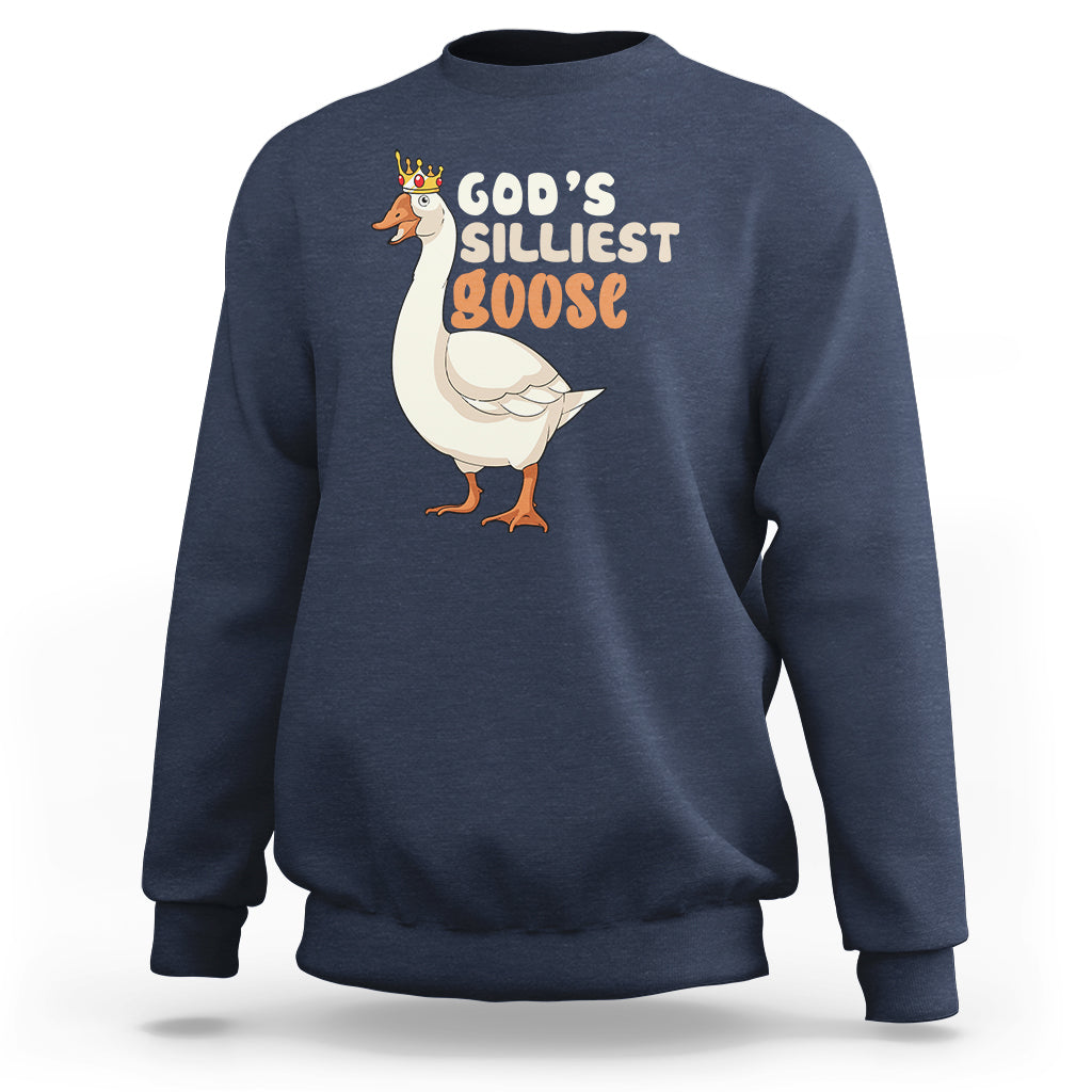 Navy crewneck sweatshirt with 'God's Silliest Goose' goose graphic on the front