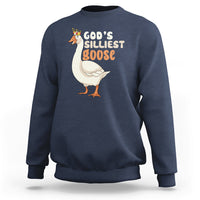 Navy crewneck sweatshirt with 'God's Silliest Goose' goose graphic on the front