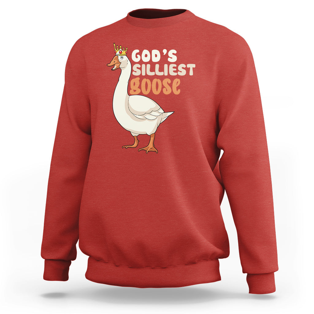 Red crewneck sweatshirt with 'God's Silliest Goose' goose graphic on the front