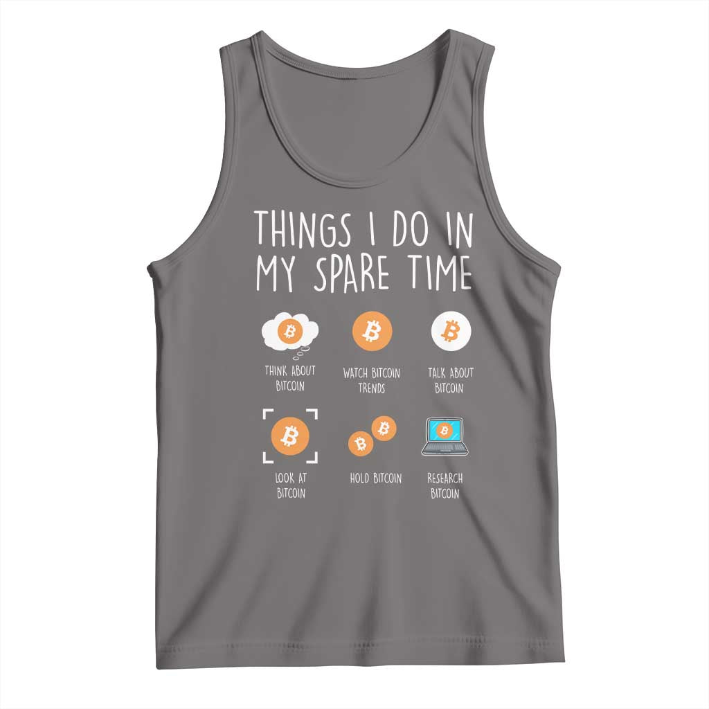 Dark heather gray crypto slogan tank top with Bitcoin-themed icons on front