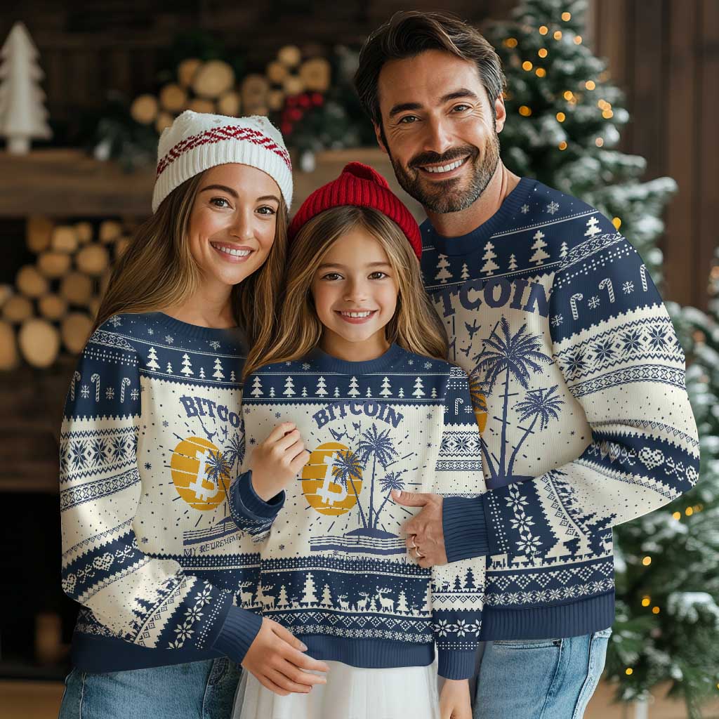 Navy knitted Christmas bitcoin sweatshirt with holiday border and trees