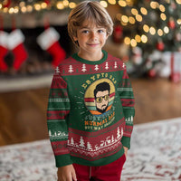 Knitted crewneck sweatshirt in green and burgundy with festive trees and crypto face graphic